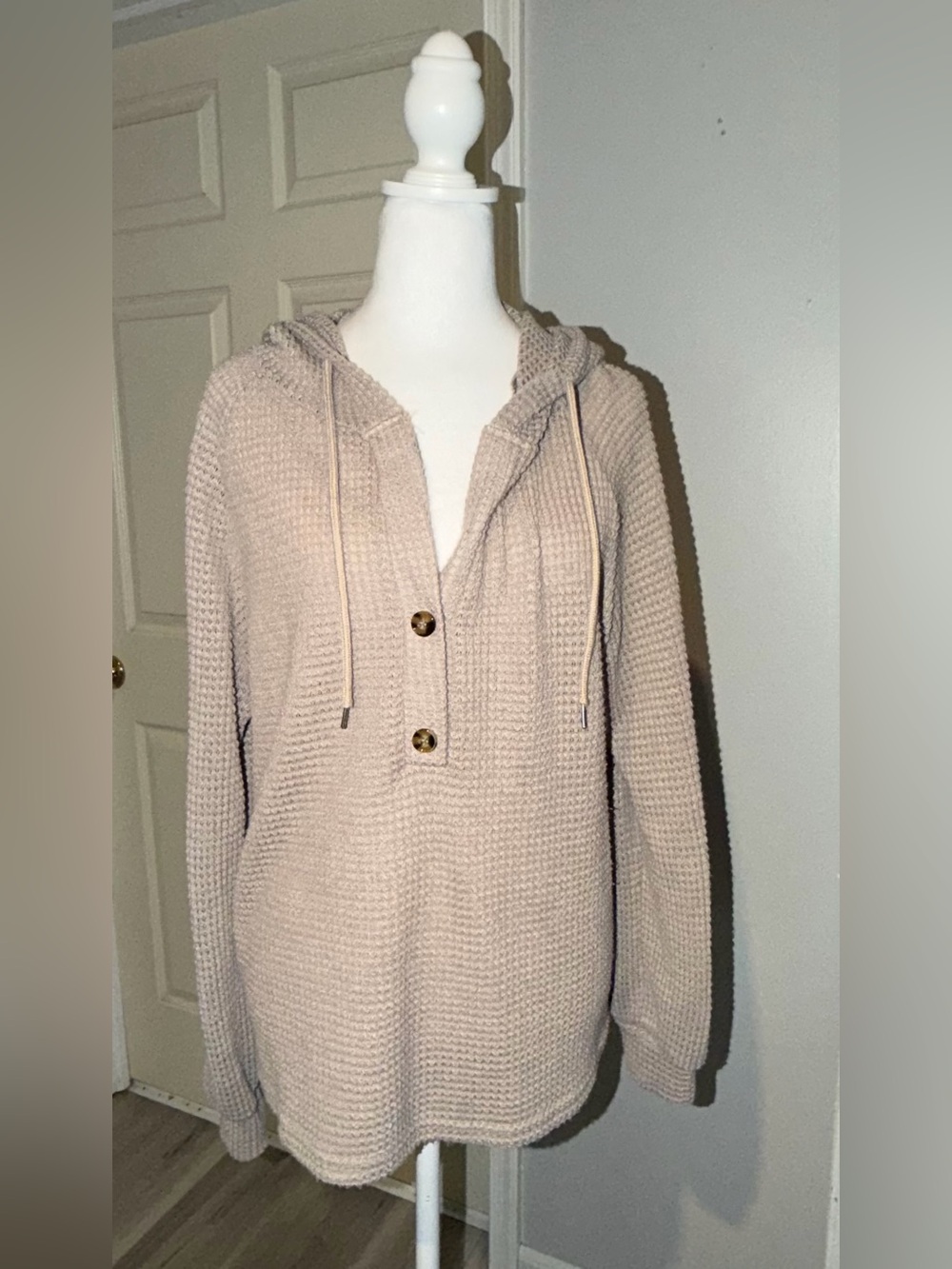 SHEIN Cozy Hooded Waffle Knit Pullover - Beige